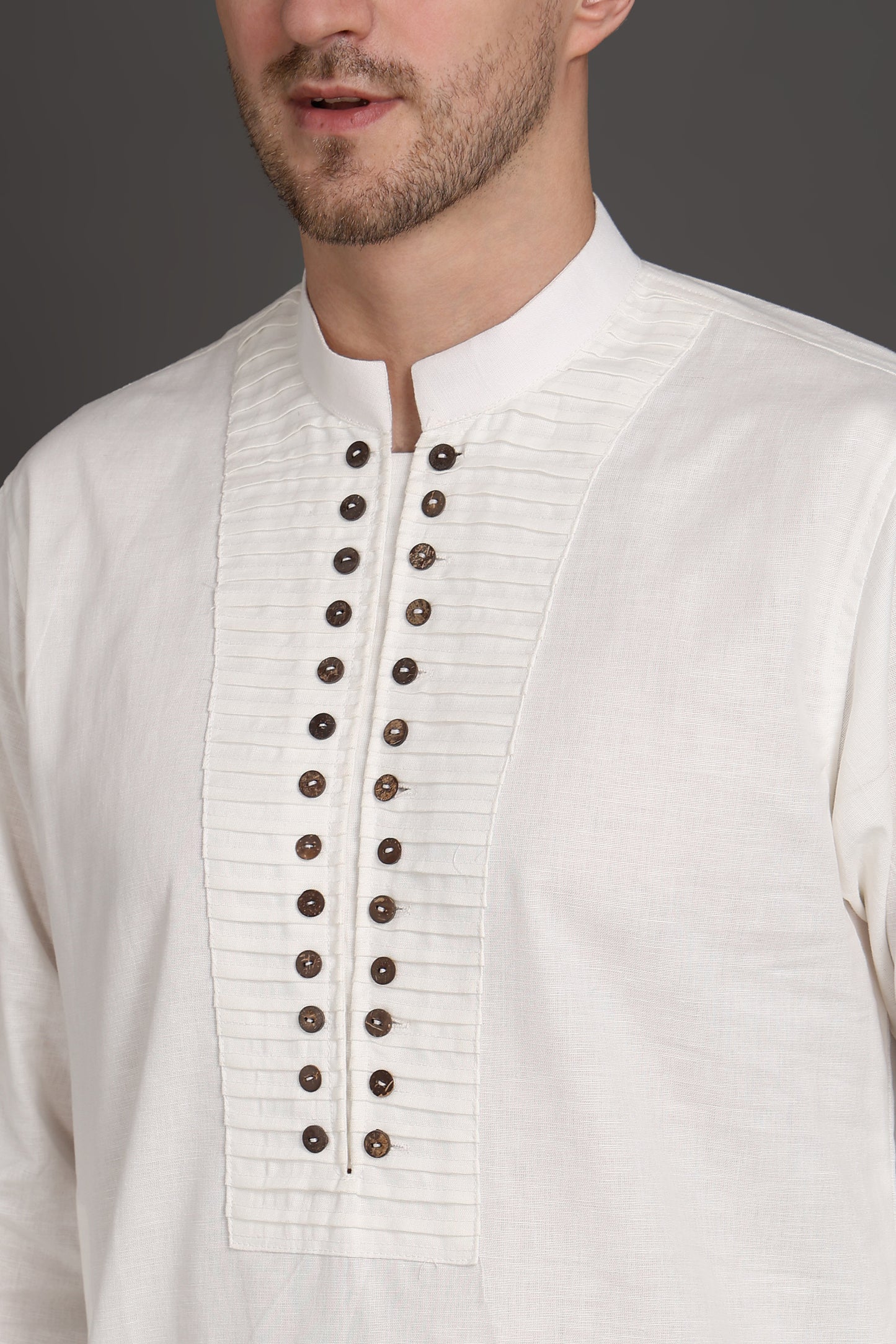Pleated White Kurta With Wooden Button Detailing