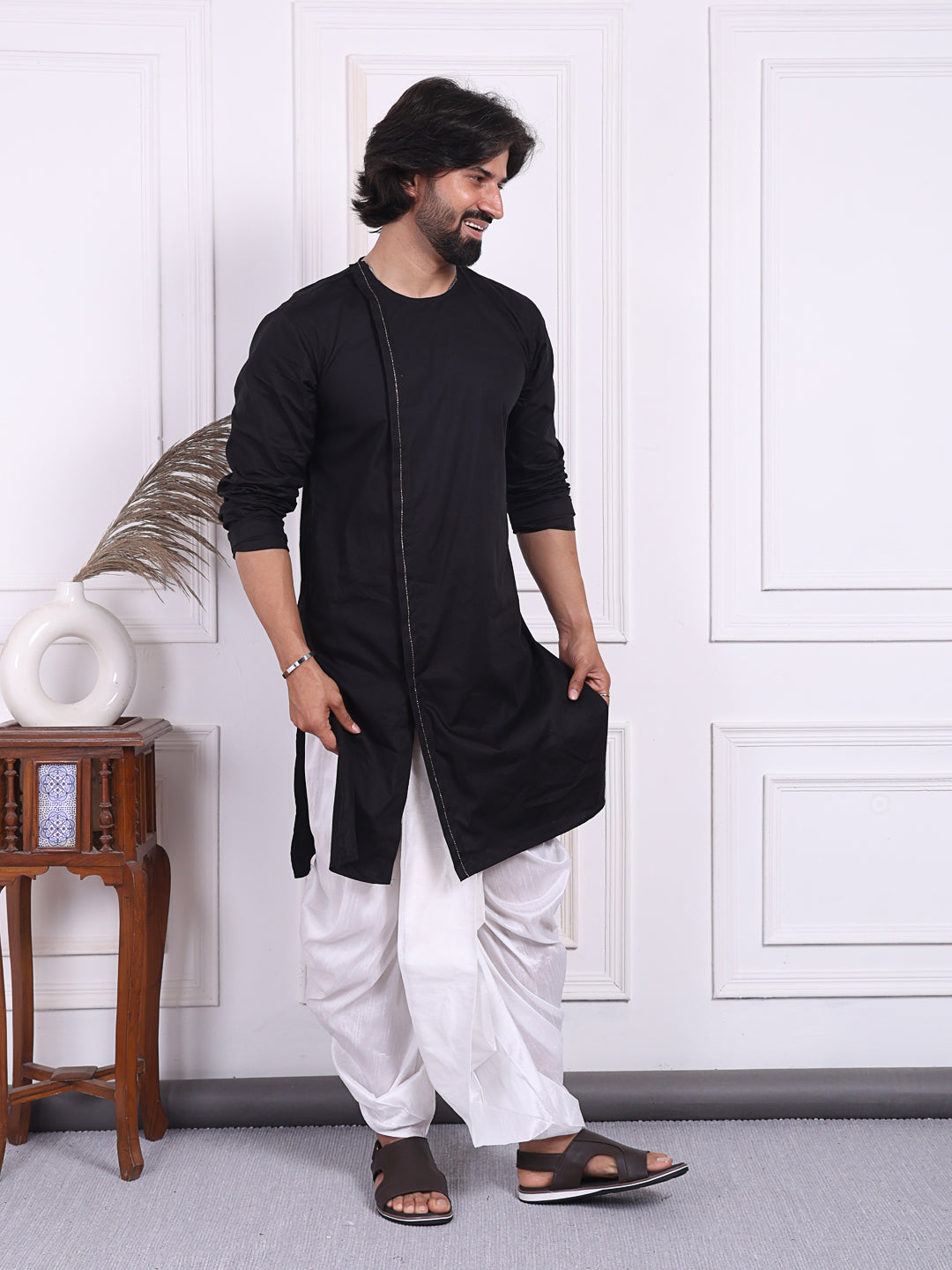 Black kurta in angrakha style for Men