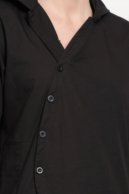 Asymmetric Black Hooded Kurta With Diagonal Button