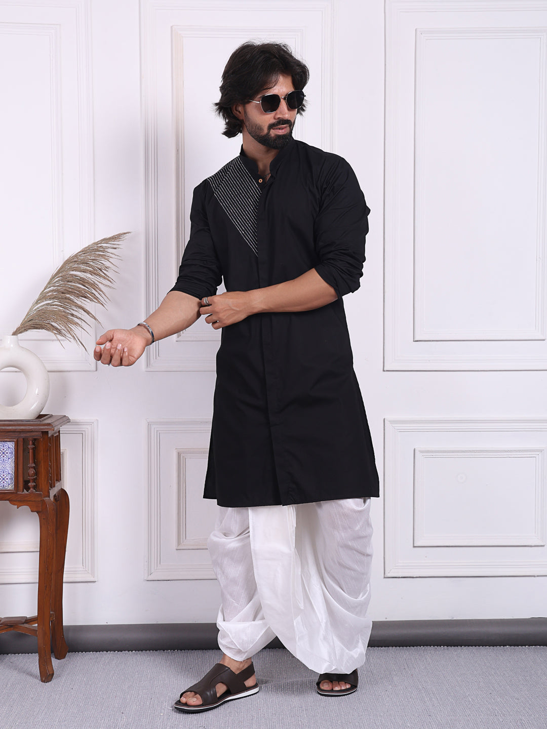 Black cotton kurta with silver thread detailing