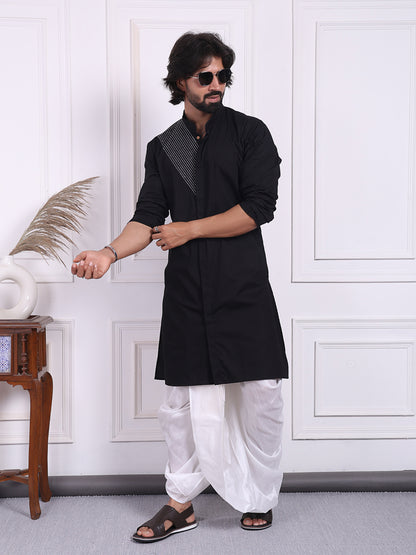 Black cotton kurta with silver thread detailing