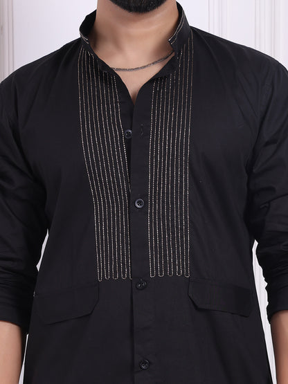 Black kurta with golden thread accents on the front