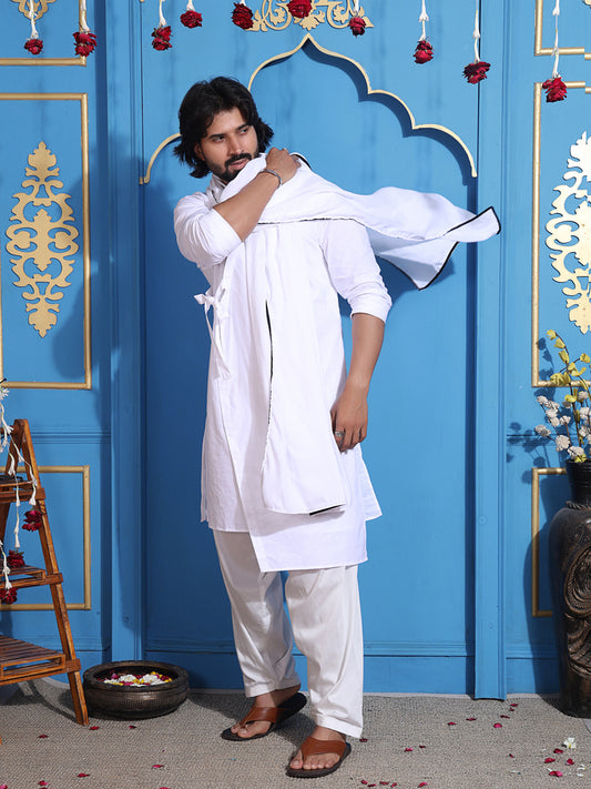 White layered kurta with V-neck and belt accent
