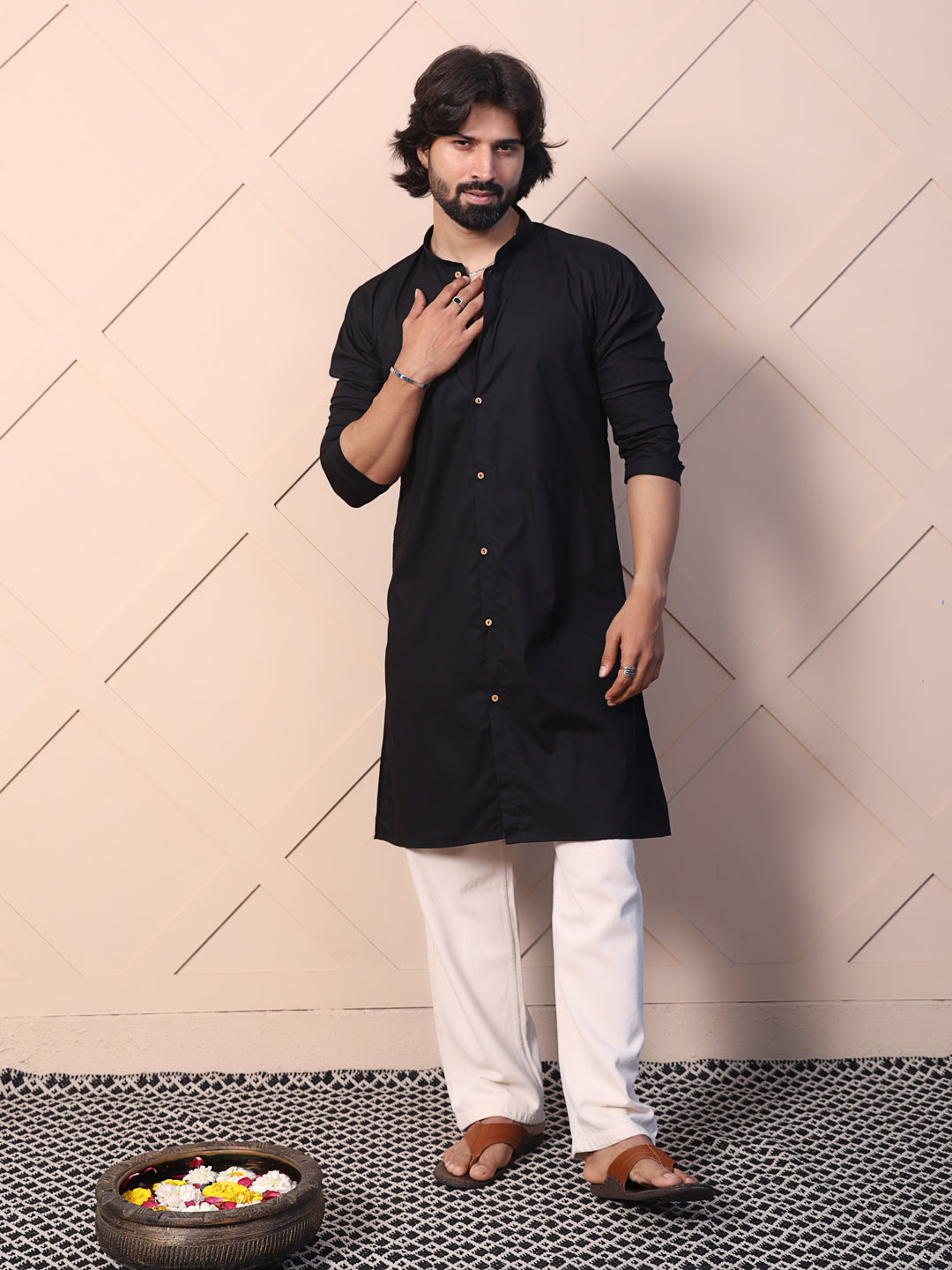 Solid black cotton kurta for men