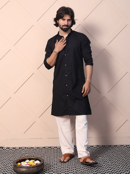 Solid black cotton kurta for men
