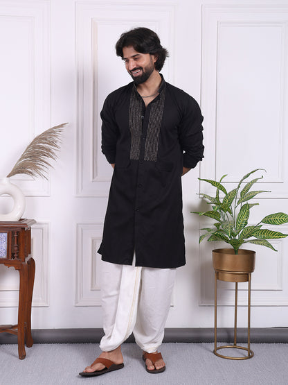 Black kurta with golden thread accents on the front