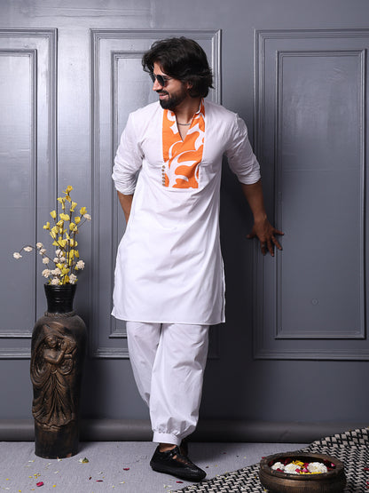 Long cotton kurta with printed yoke design