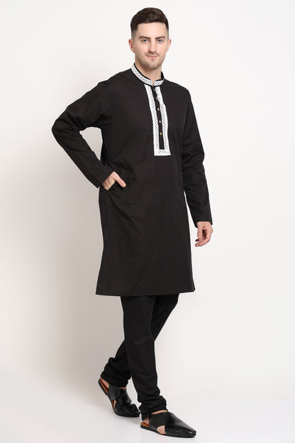 Black kurta with white embroidered placket