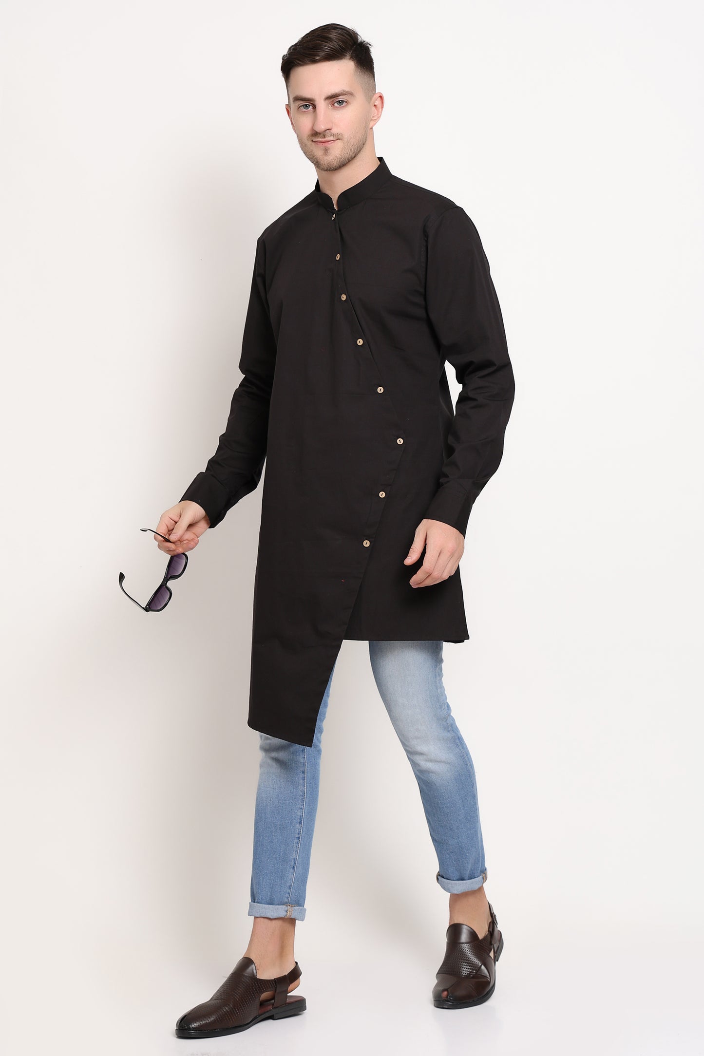 Diagonal Monarch Kurta – Black with Gold Button Trail