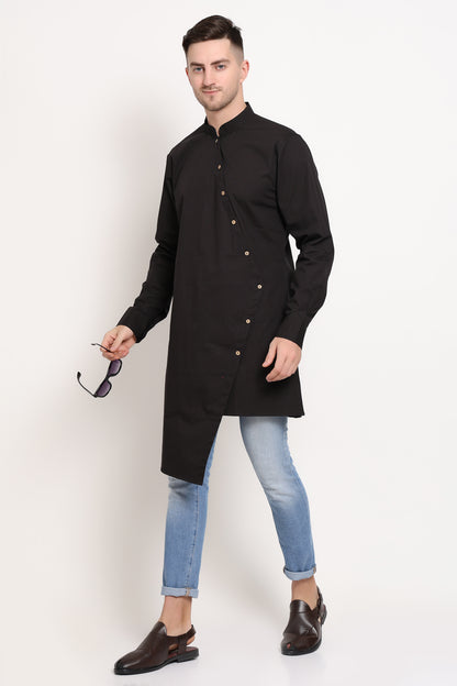 Diagonal Monarch Kurta – Black with Gold Button Trail