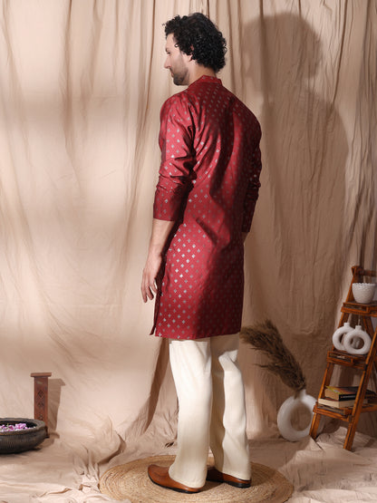 Side Slits Men Maroon Angrakha Styled Kurta