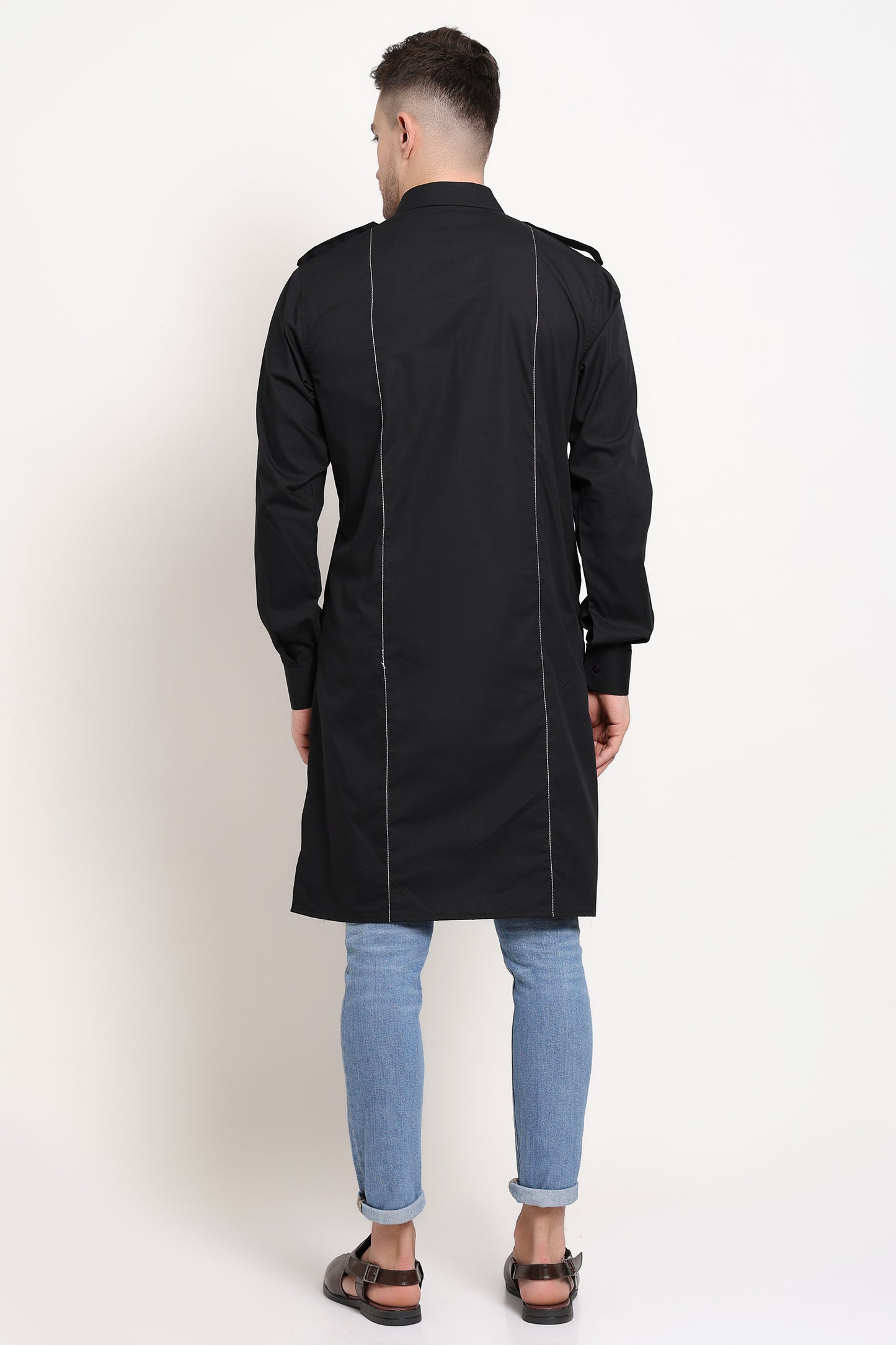 Urban Zip Kurta – Black Utility with Silver Stitch Detail