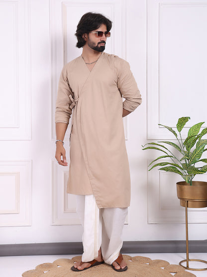 Beige layered kurta with V-neck and belt accent