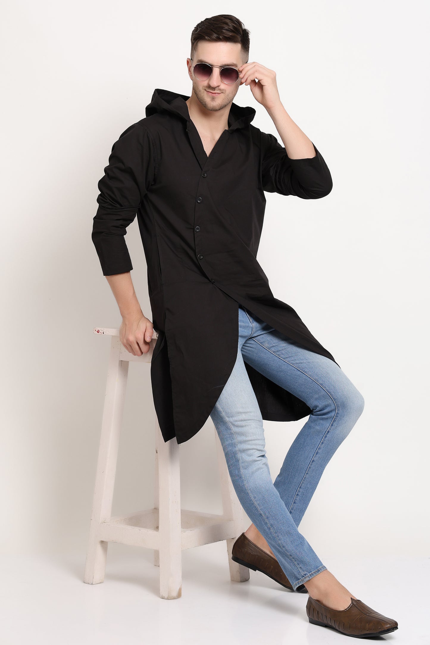 Asymmetric Black Hooded Kurta With Diagonal Button