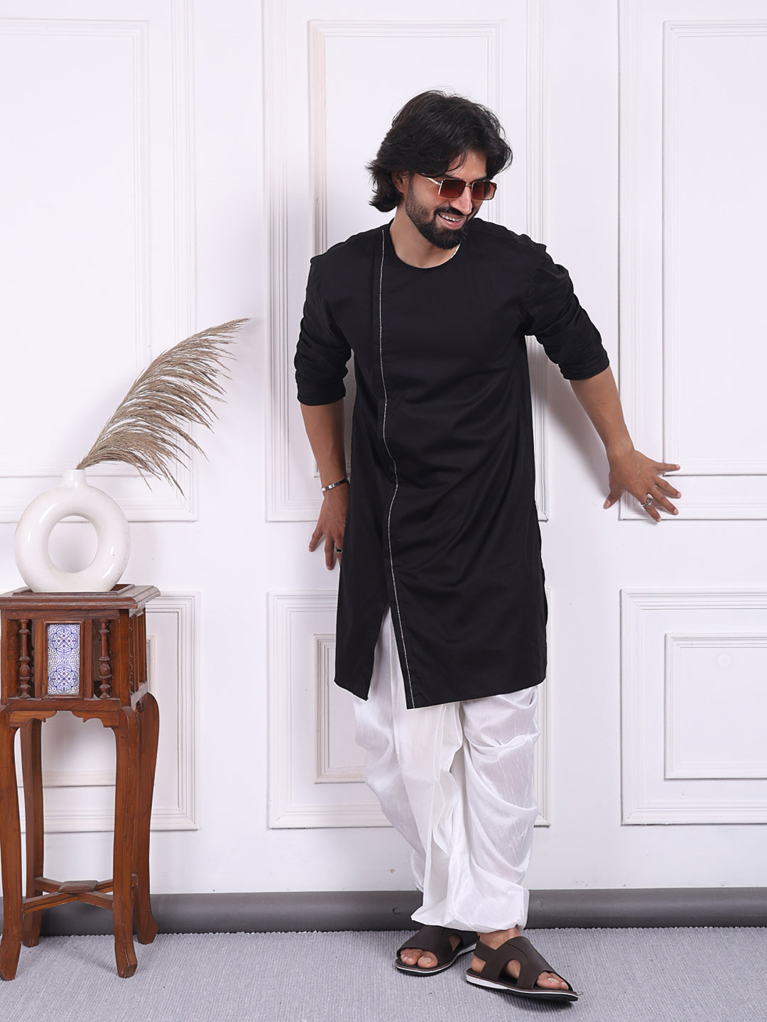 Black kurta in angrakha style for Men