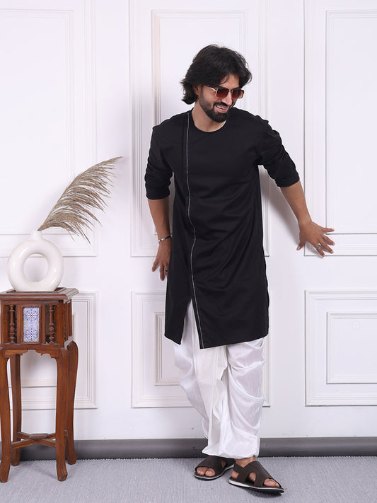 Black kurta in angrakha style for Men