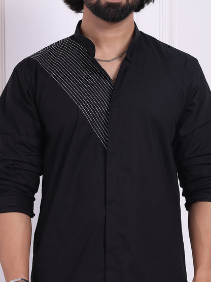 Black cotton kurta with silver thread detailing