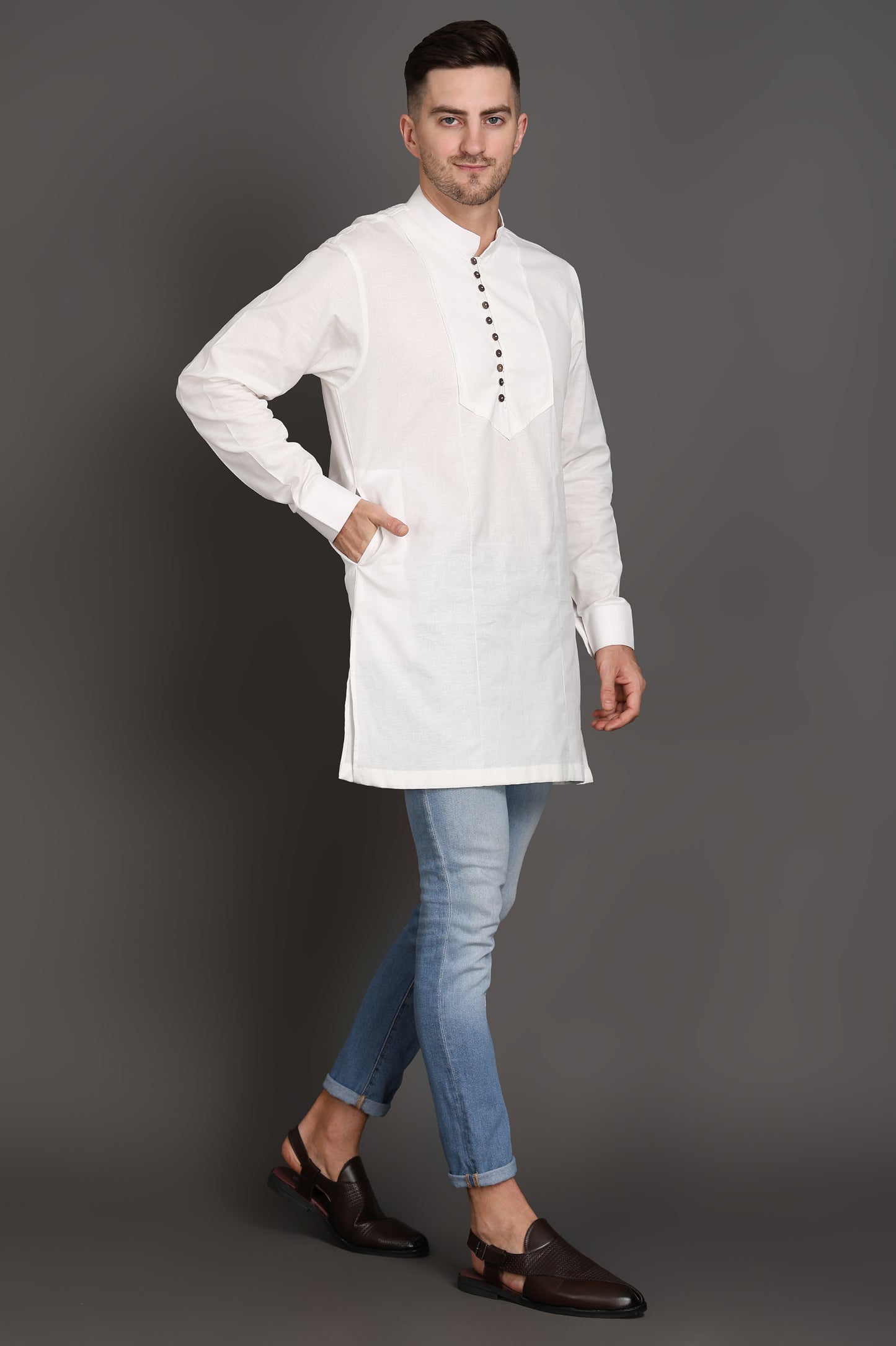 White Short Kurta With Wooden Button Detailing