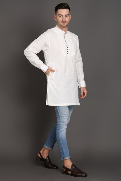 White Short Kurta With Wooden Button Detailing