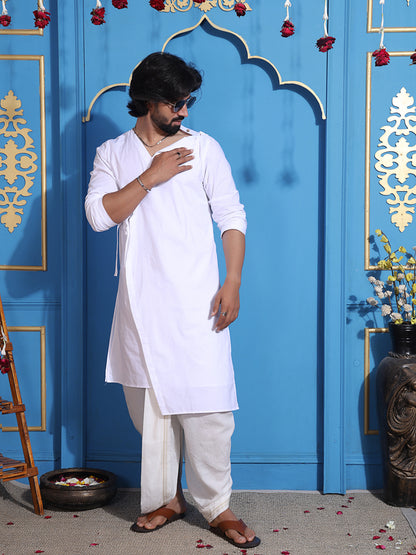 White layered kurta with V-neck and belt accent