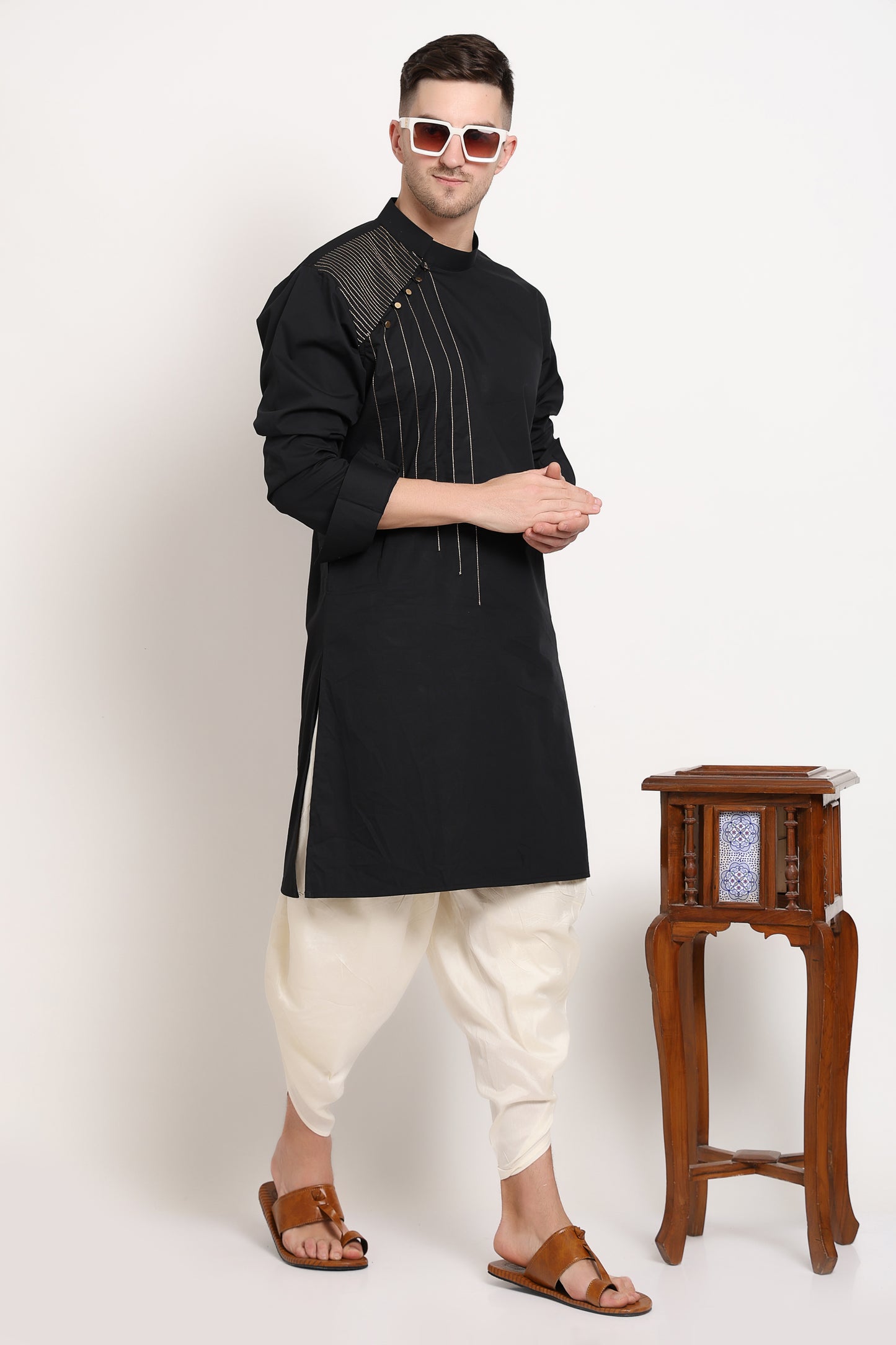 Black elegance kurta with golden shoulder accent