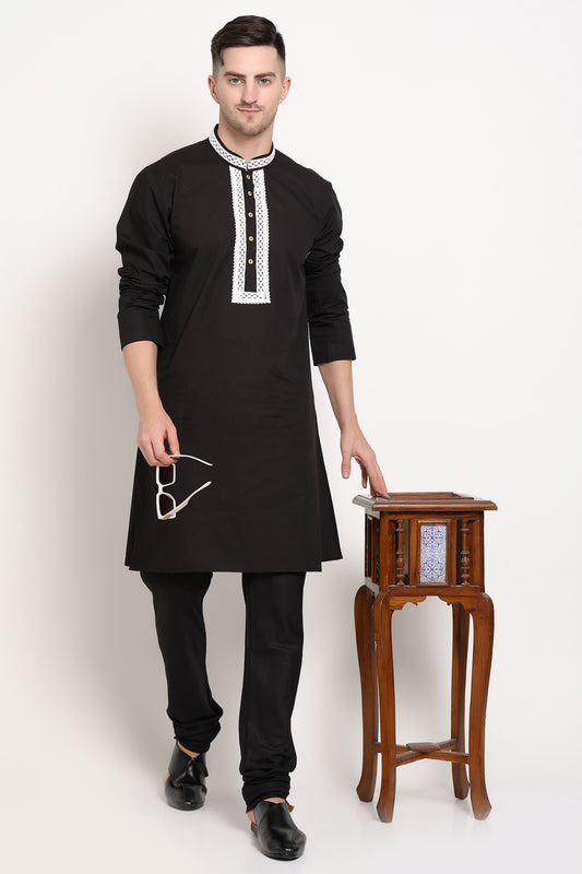 Black kurta with white embroidered placket