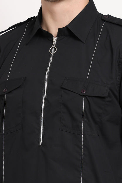 Urban Zip Kurta – Black Utility with Silver Stitch Detail