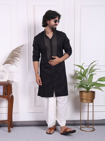 Black kurta with golden thread accents on the front