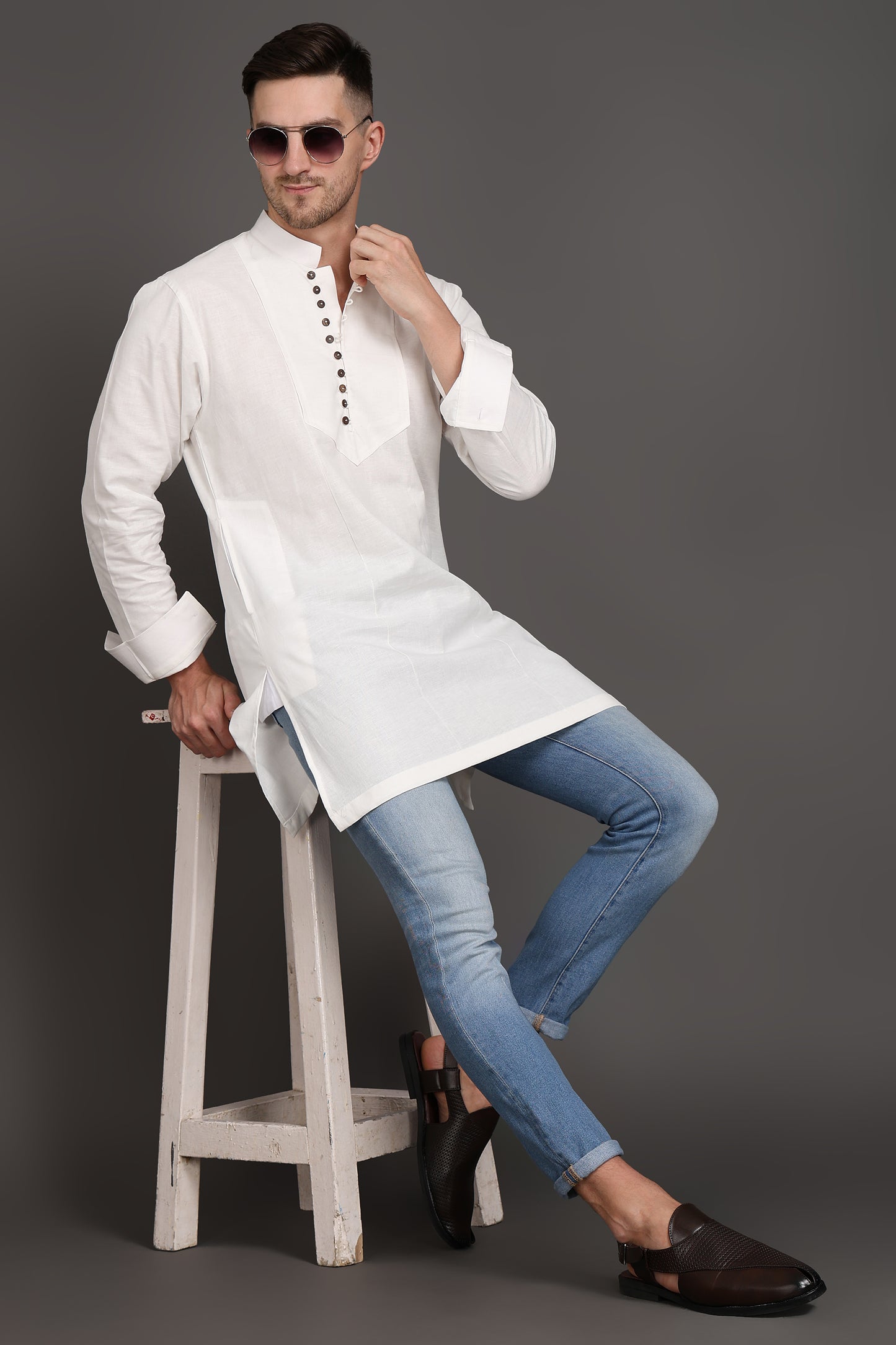 White Short Kurta With Wooden Button Detailing